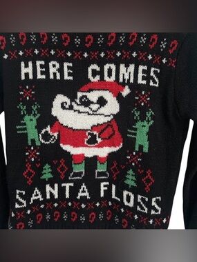3/$10 American Stitch Sweater S “Here Comes Santa Floss” Black Knit